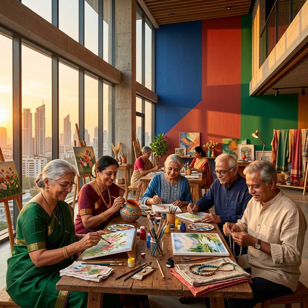 Seniors engaged in a painting activity, smiling at their work