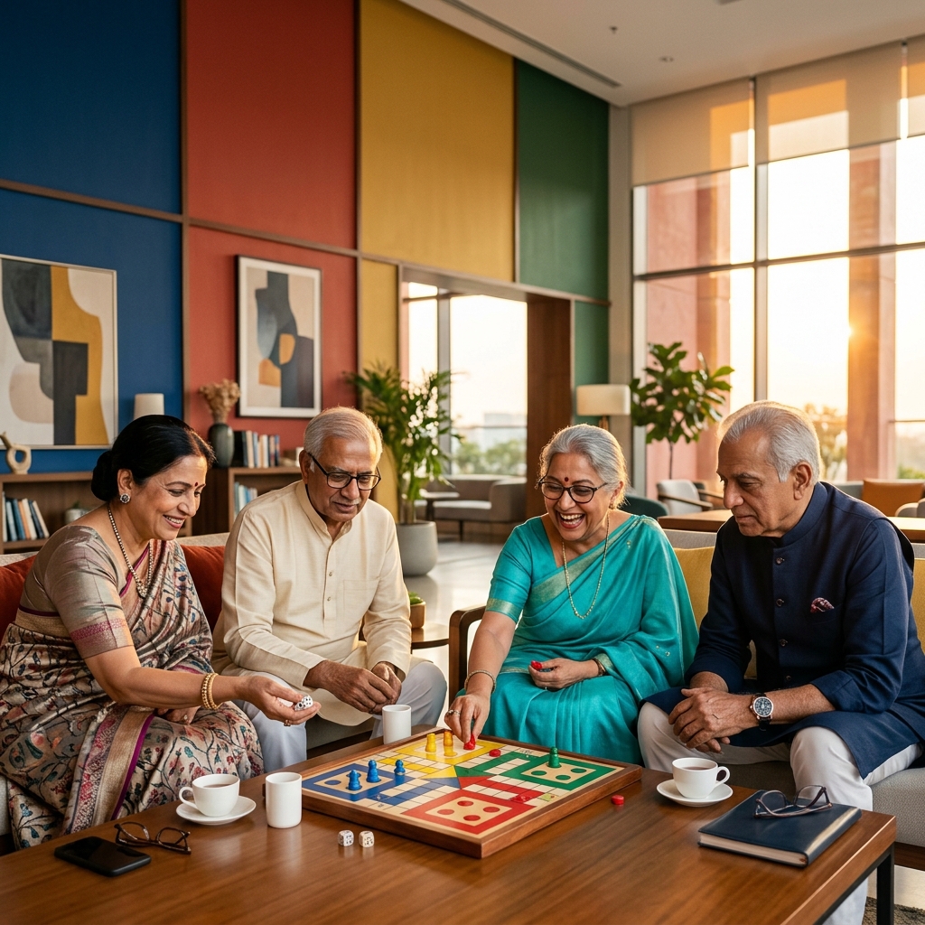 A group of seniors laughing while playing a board game around a table
