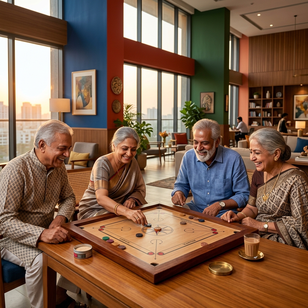 Four seniors intensely focused on a carrom board, smiling