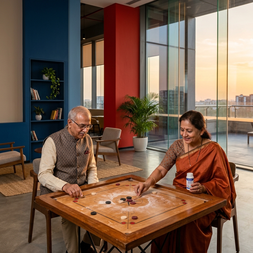Seniors setting up a carrom board
