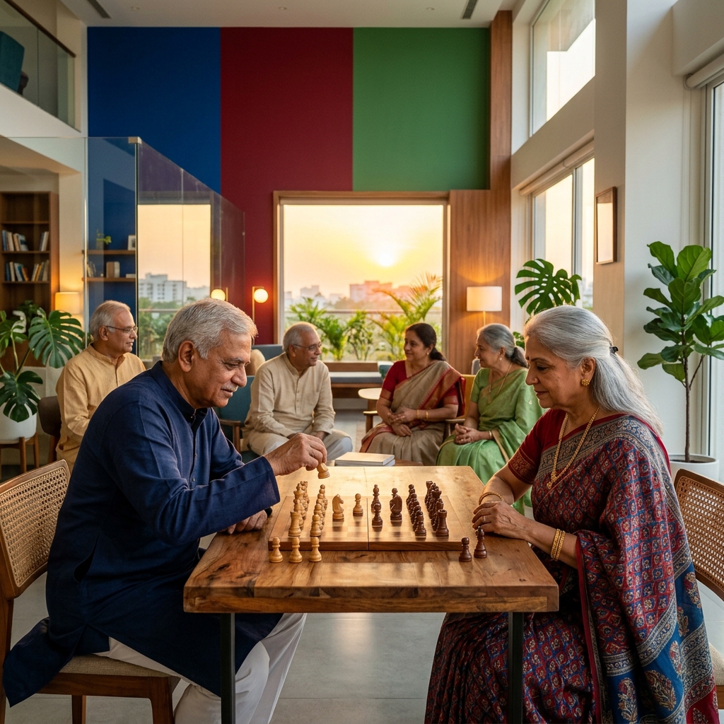 Two senior men playing chess in a quiet, well-lit room