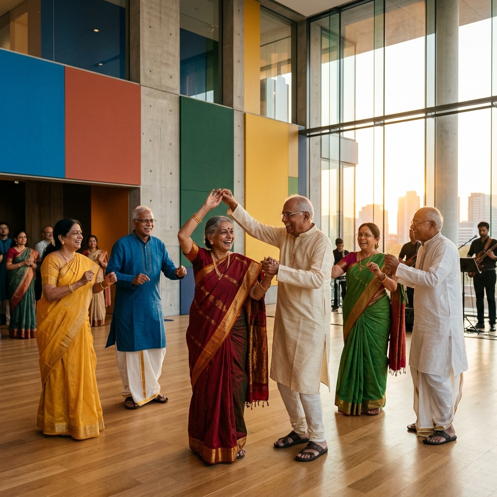 Seniors joyfully participating in a gentle group dance session