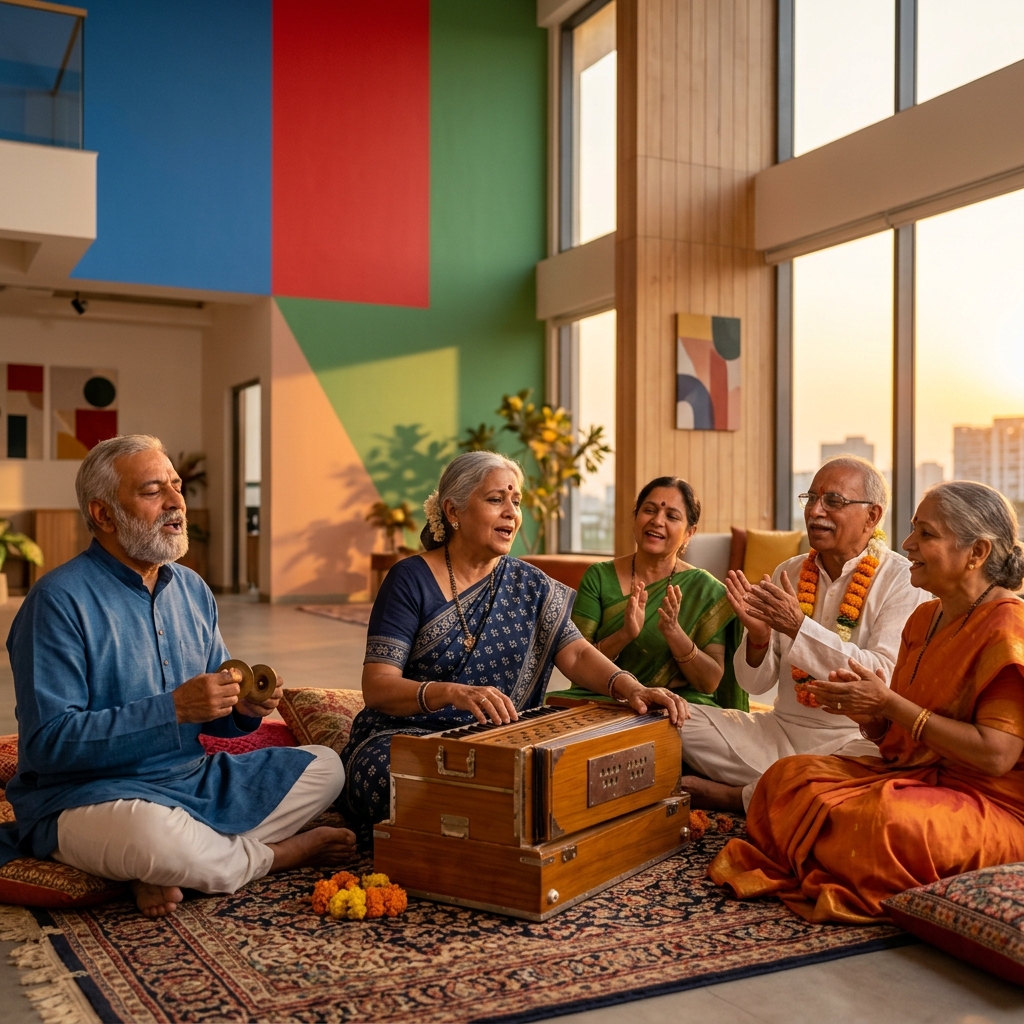 A group of seniors singing together, some playing light percussion instruments