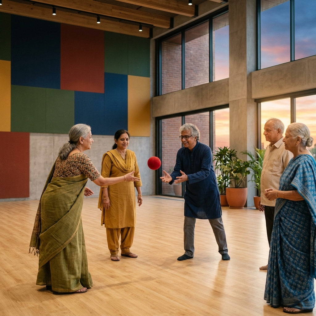 Seniors enjoying a gentle indoor sports game in a bright, spacious hall
