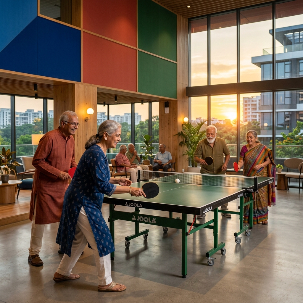 Two seniors playing a light game of table tennis