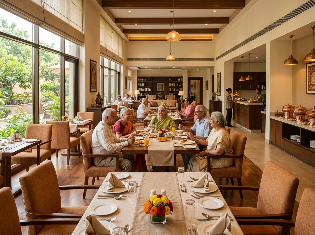 Dining space with senior-friendly tables and welcoming decor