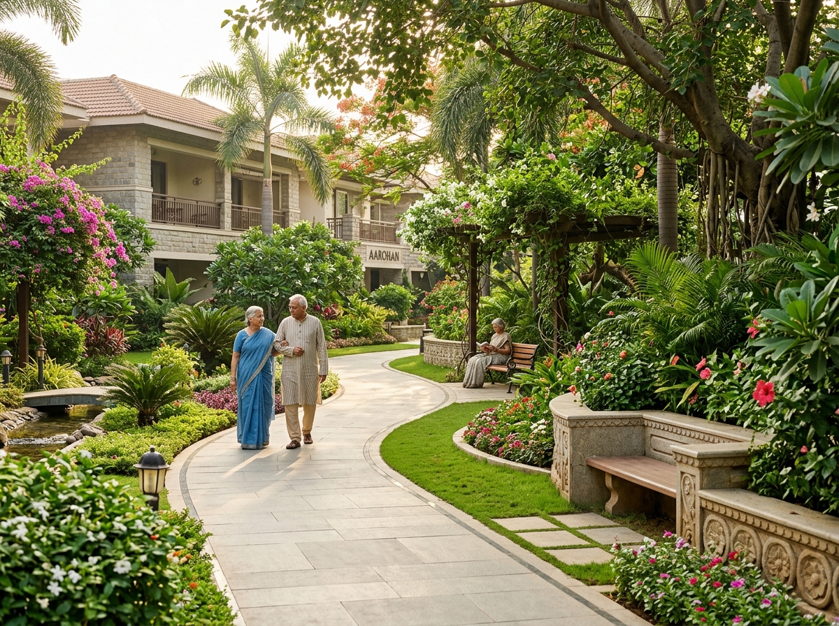 Outdoor garden and walking path for peaceful senior strolls