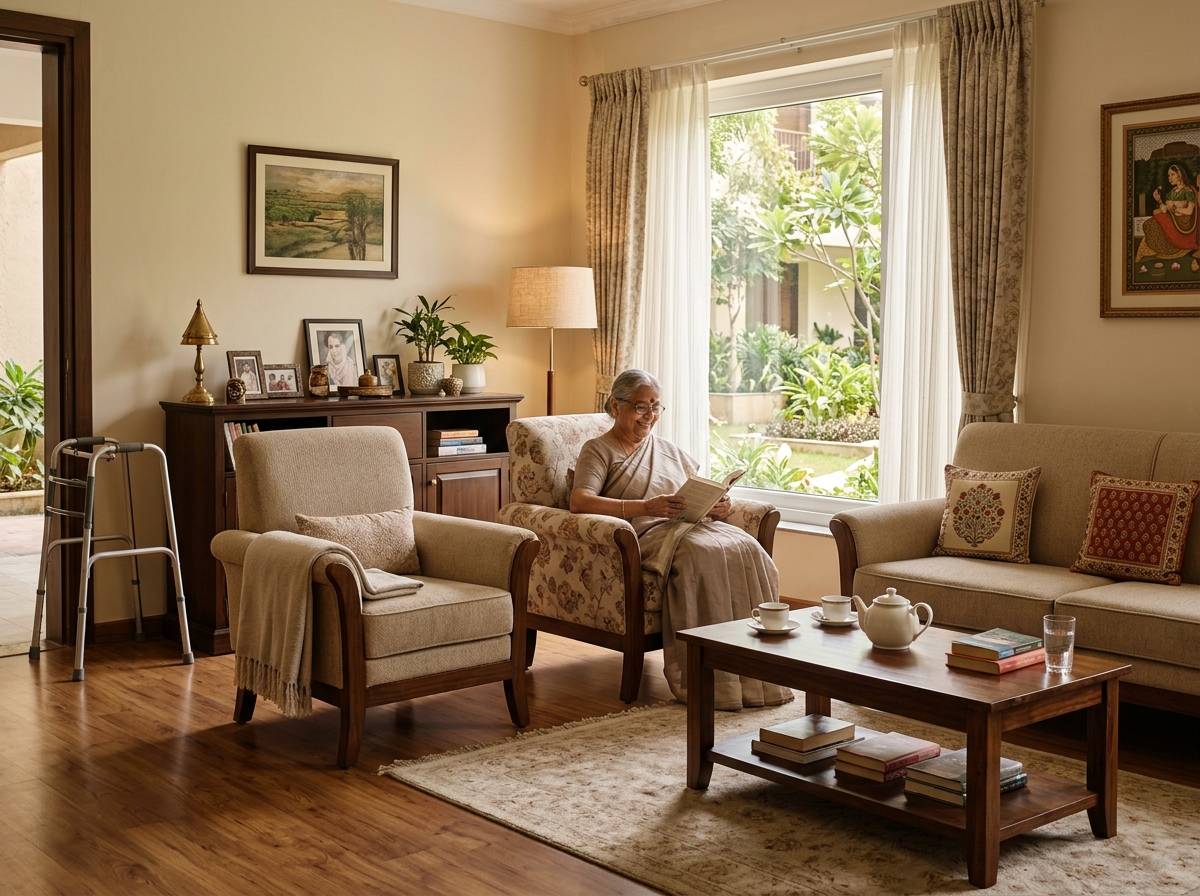 Warm senior-friendly living room with natural light and comfortable seating