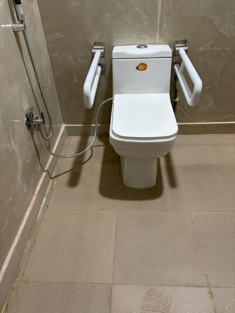 Real accessible washroom toilet area at SixtyPlusZone with safety grab bars
