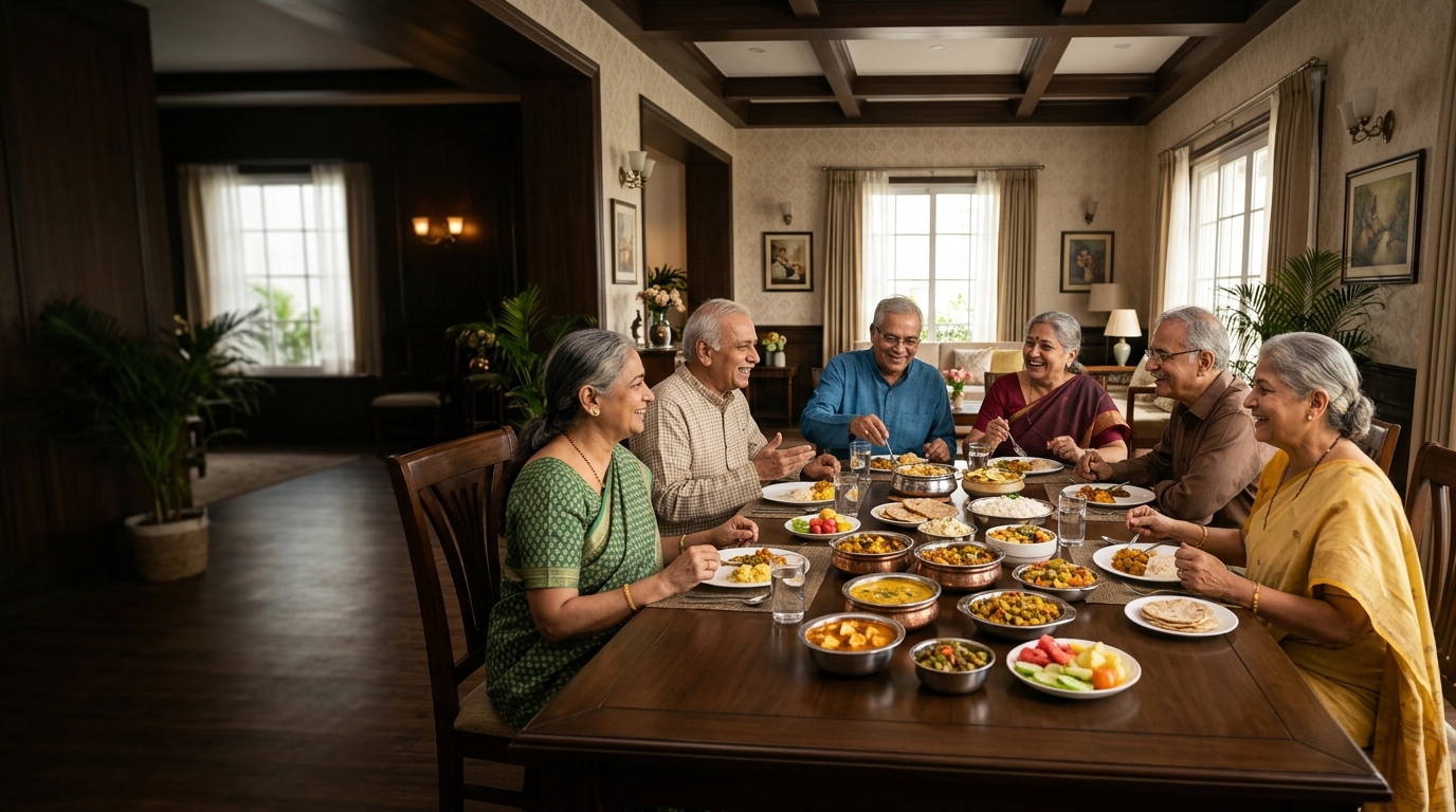 Indian seniors enjoying community dining at SixtyPlusZone