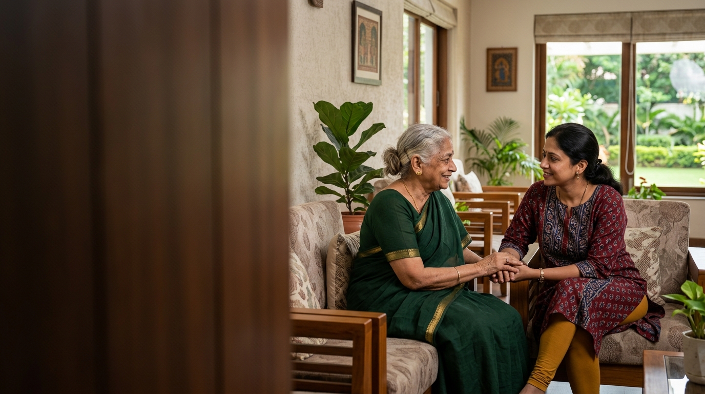 Adult daughter visiting her elderly mother in senior living