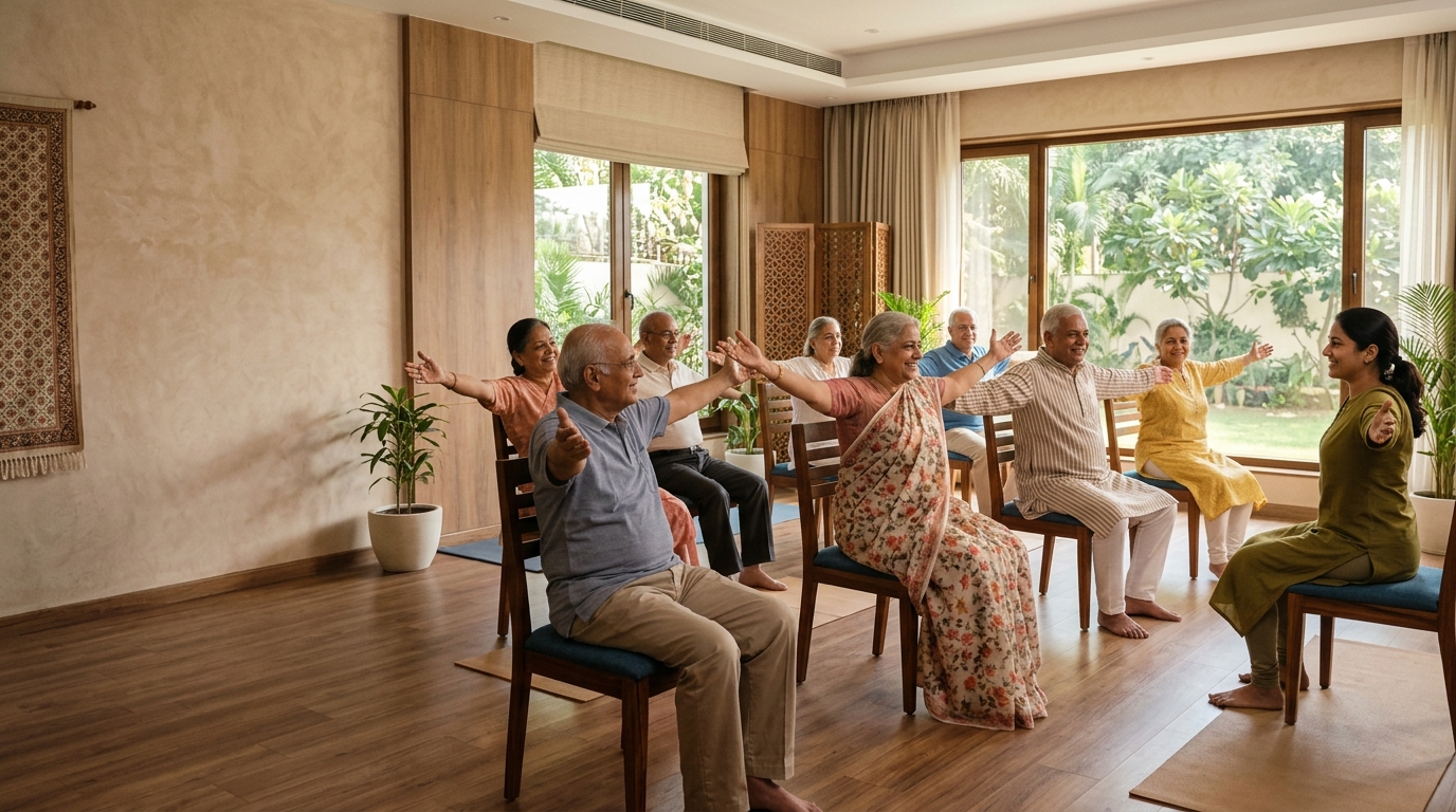 Indian seniors participating in gentle fitness activities