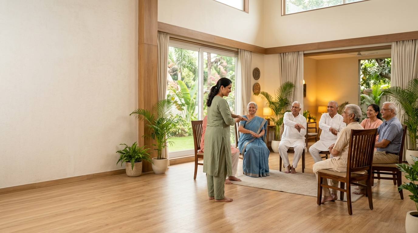 Indian seniors participating in gentle fitness activities