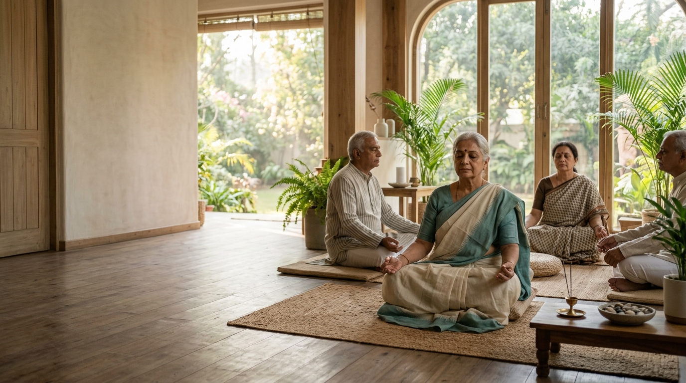 Indian seniors in meditation room