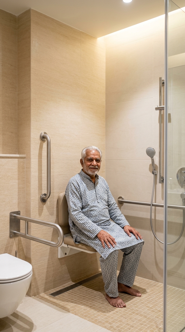 Accessible bathroom design for senior comfort and safety with Indian senior citizen