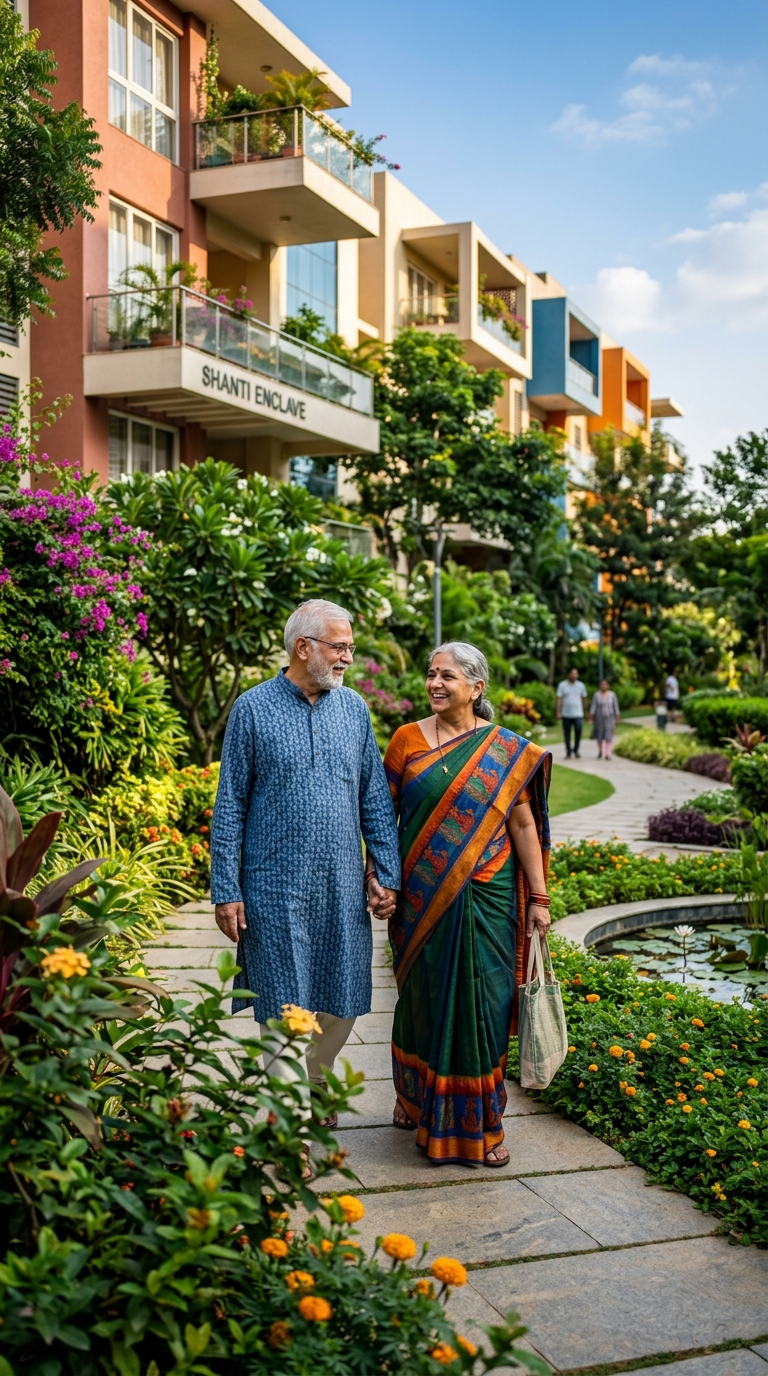 Indian seniors enjoying a garden walk in Gurugram