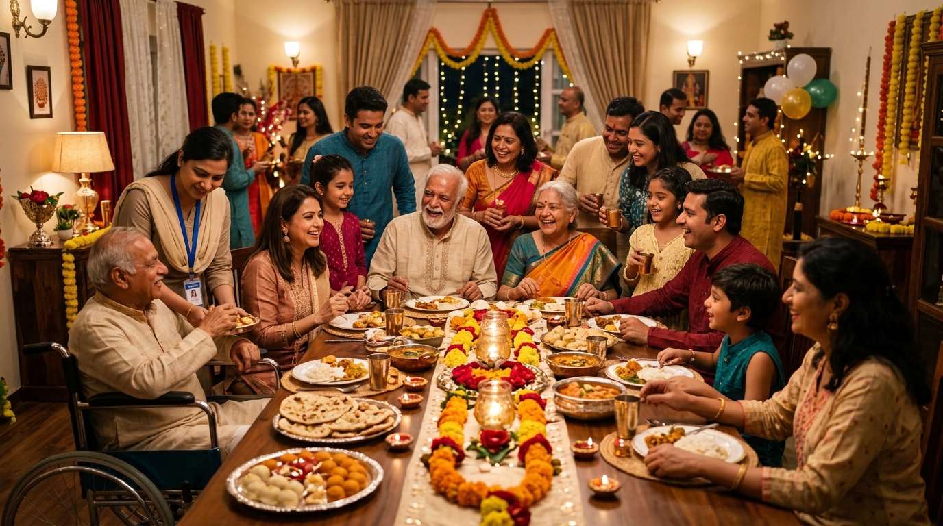 Festive family celebration with seniors and caregivers in dining area