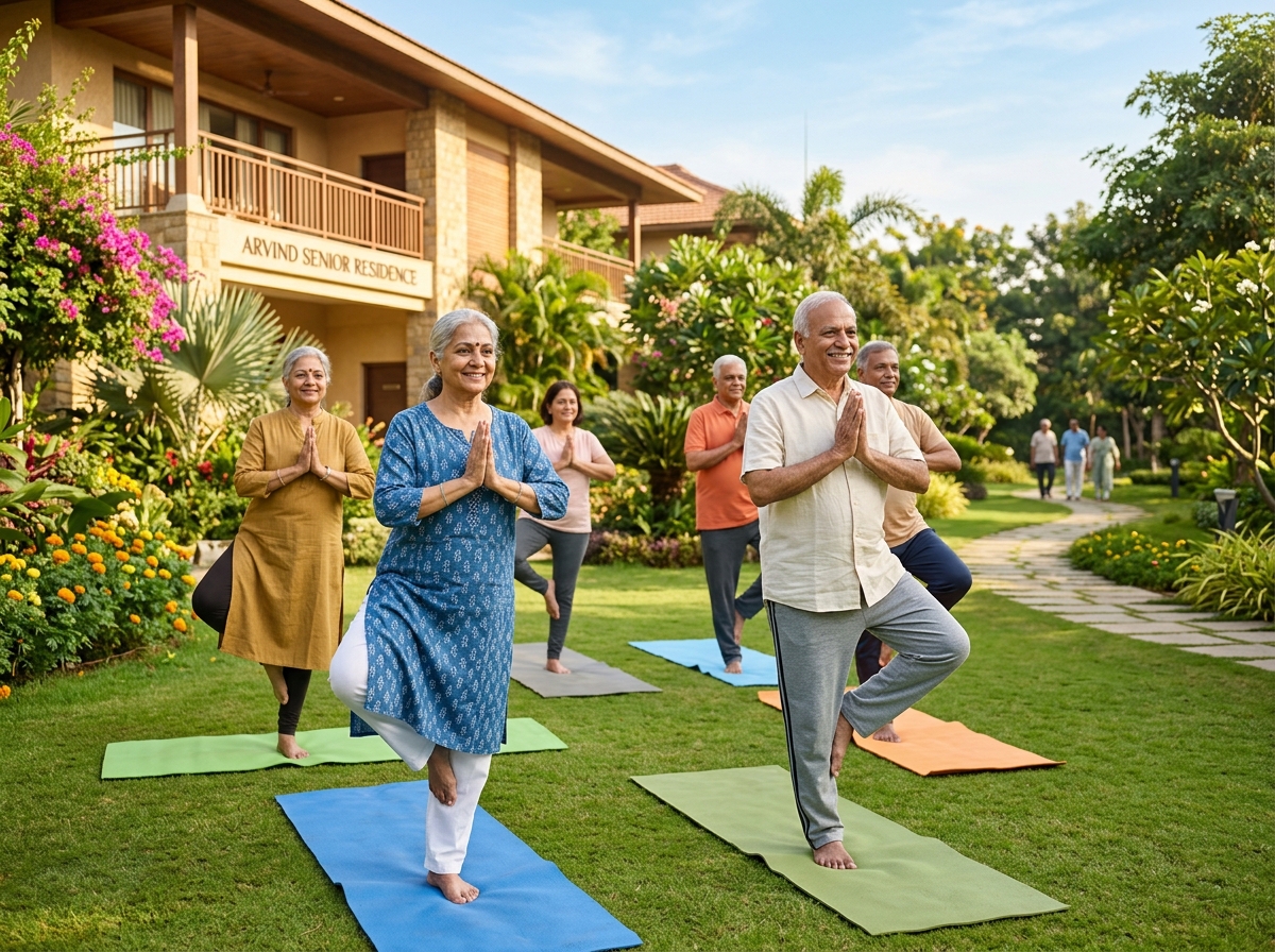 Gentle wellness and yoga session for seniors in bright activity room