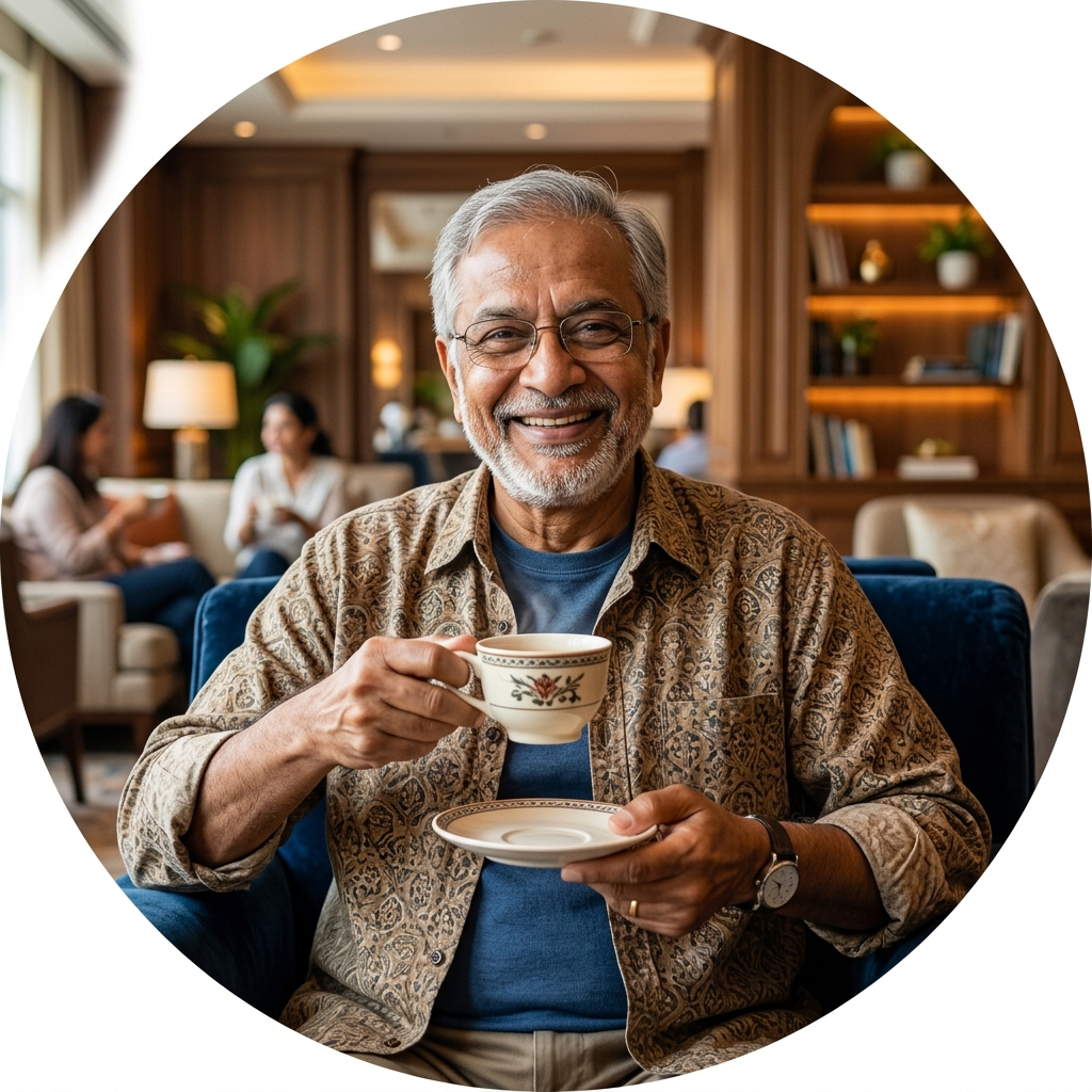 Cheerful senior man with tea