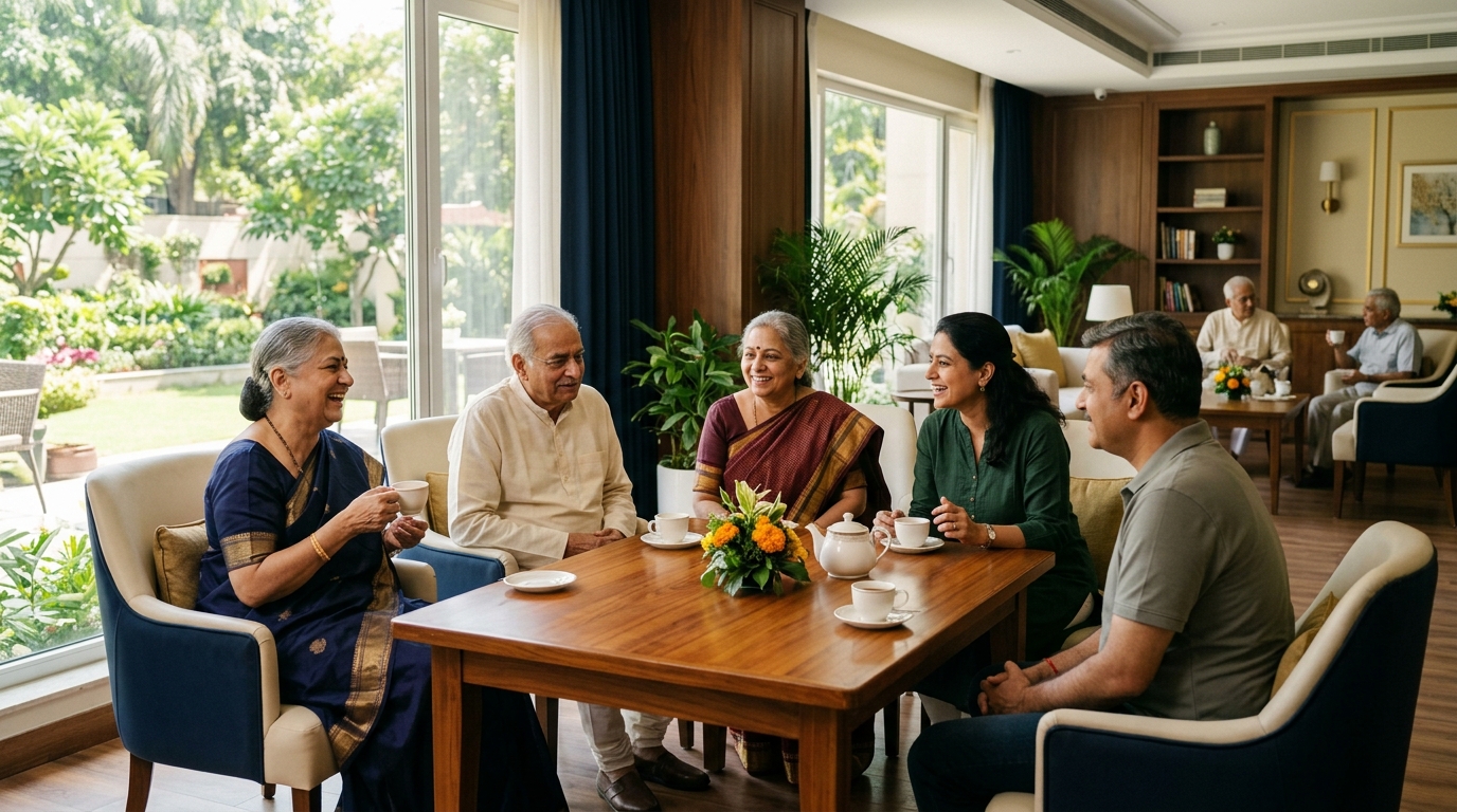 Community dining with Indian seniors and family — Delhi NCR context