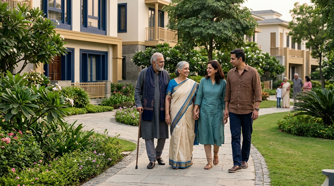 Family visiting senior during cultural celebration — respectful, joyful