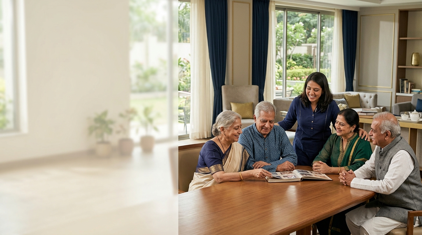 Ghaziabad family exploring senior care in Gurugram — garden and community home in Sector 45