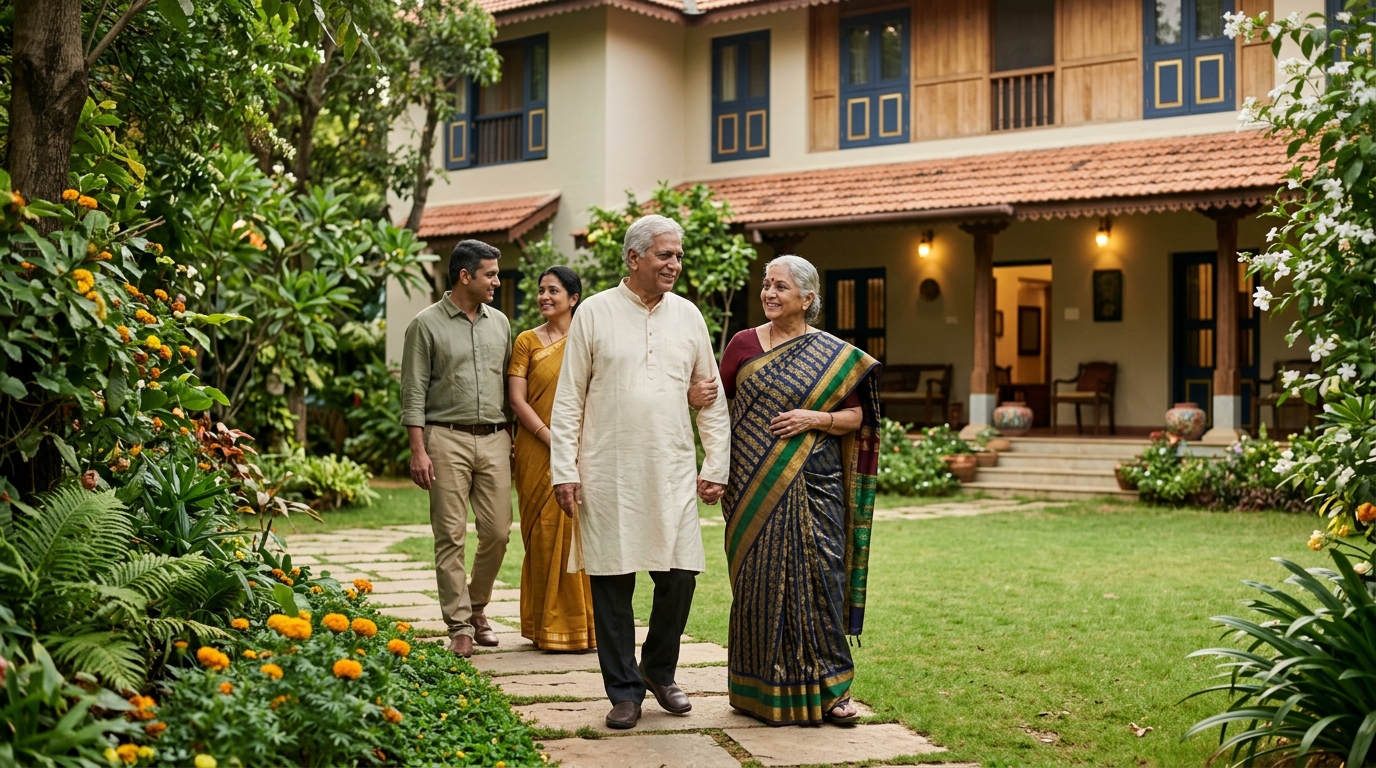 Bright, refined community lounge with Indian seniors and family visiting
