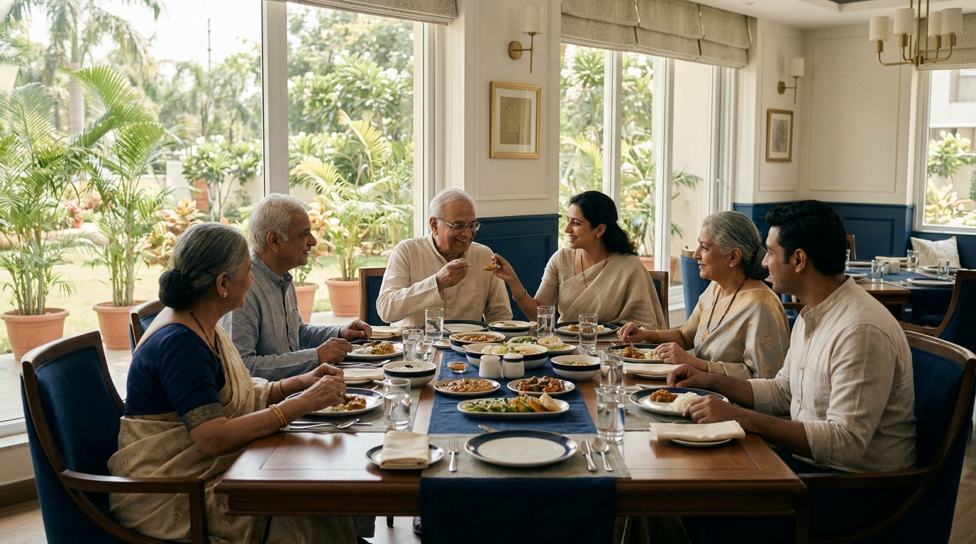 Indian seniors sharing board games and conversation — dignified companionship
