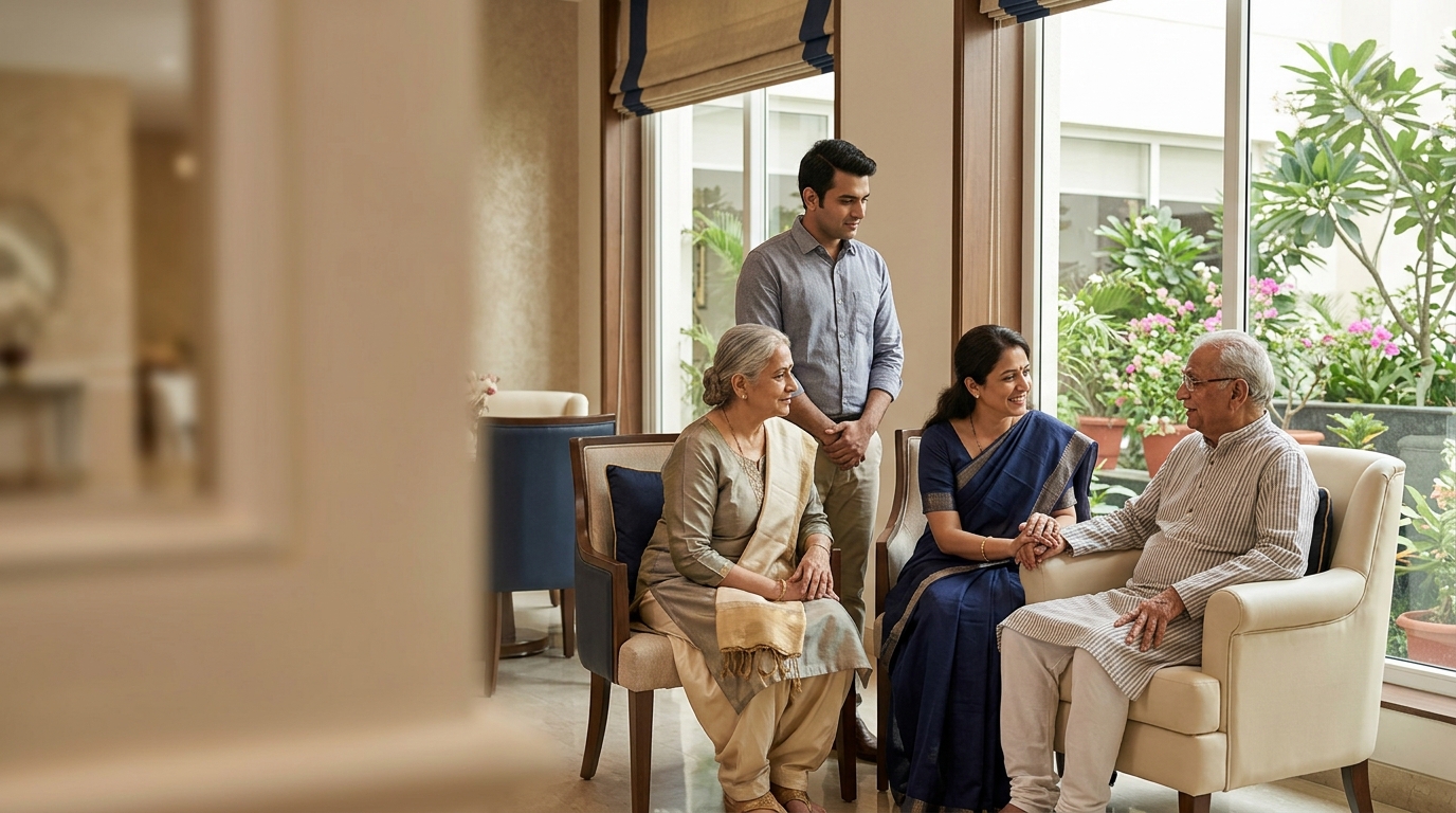 Respectful Indian seniors and family in bright community lounge with garden view — premium senior care in India context
