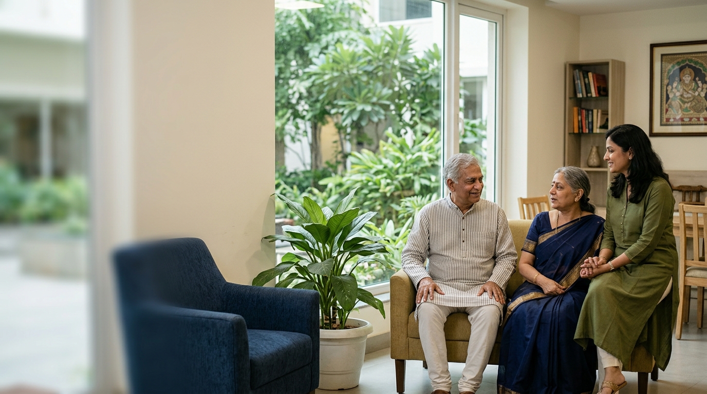 Noida family considering senior care in Gurugram — facility tour in Sector 45, premium setting