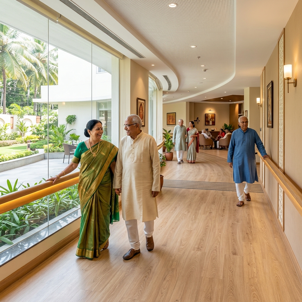 Senior-friendly accessible design details — level flooring, support and clear sightlines, left overlay