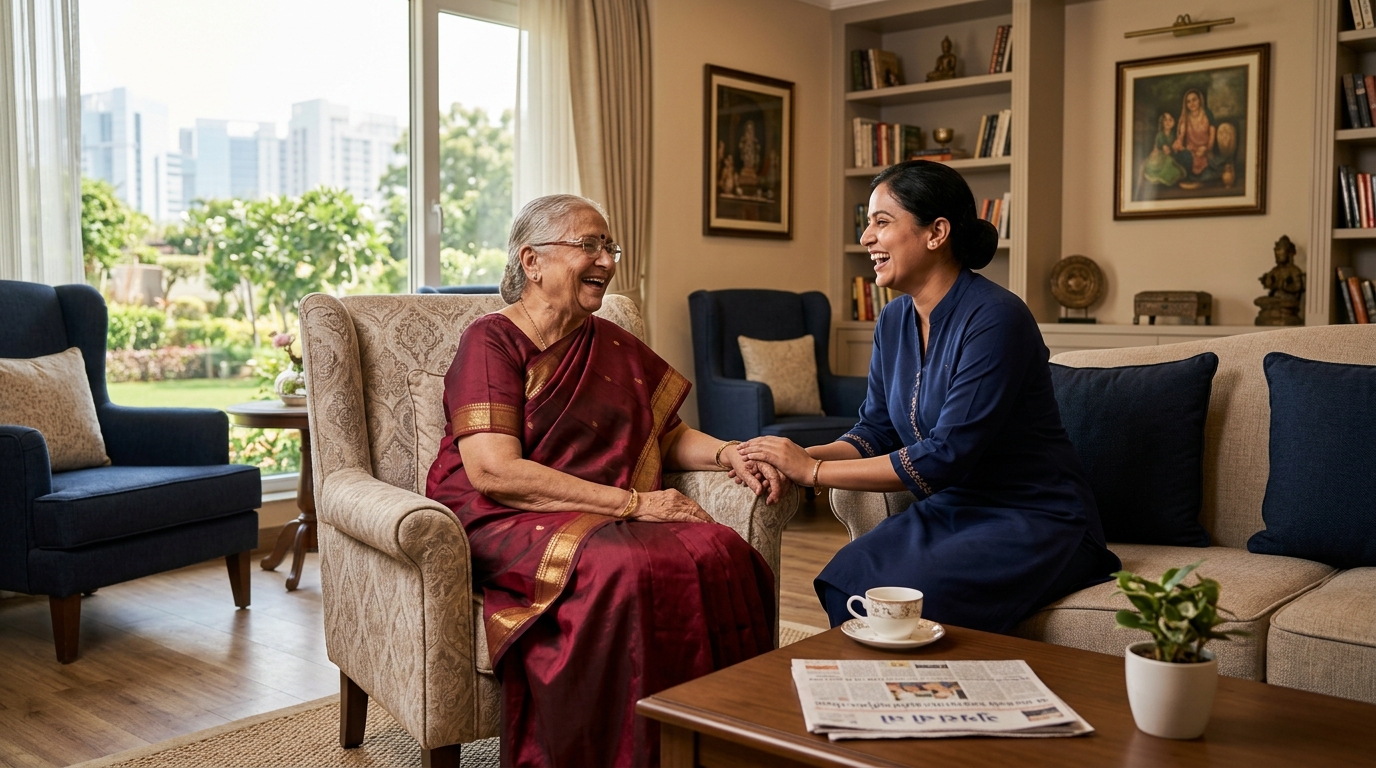 Caregiver and senior sharing calm conversation — dignified everyday support
