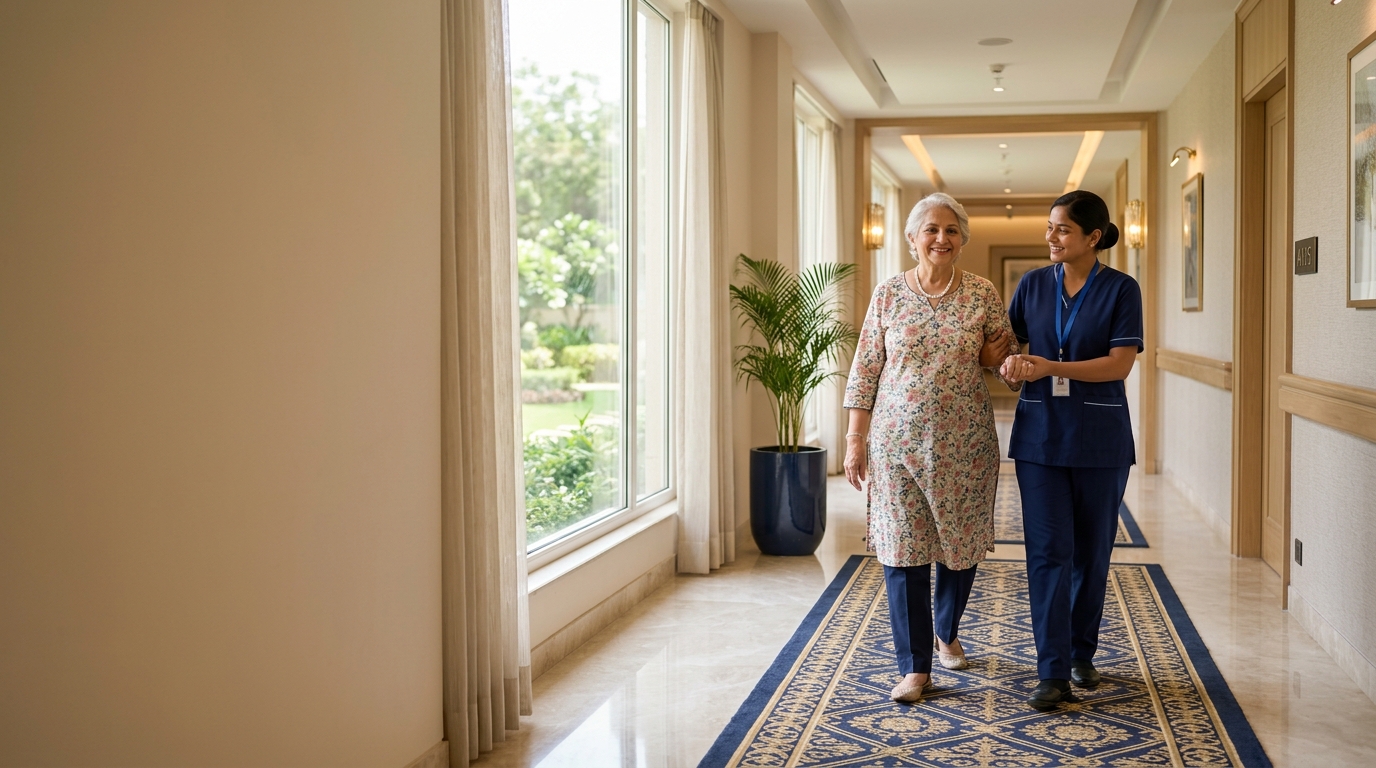Caregiver respectfully assisting senior with daily routine in bright Gurugram residence — left text-safe overlay