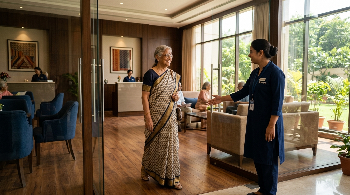 Seniors in gentle daytime wellness activity — stretching and smiling