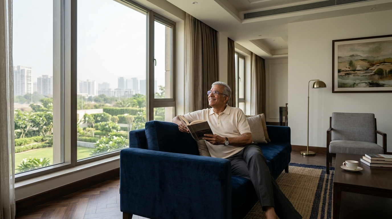 Bright, senior-friendly living room with comfortable seating and natural light at SixtyPlusZone