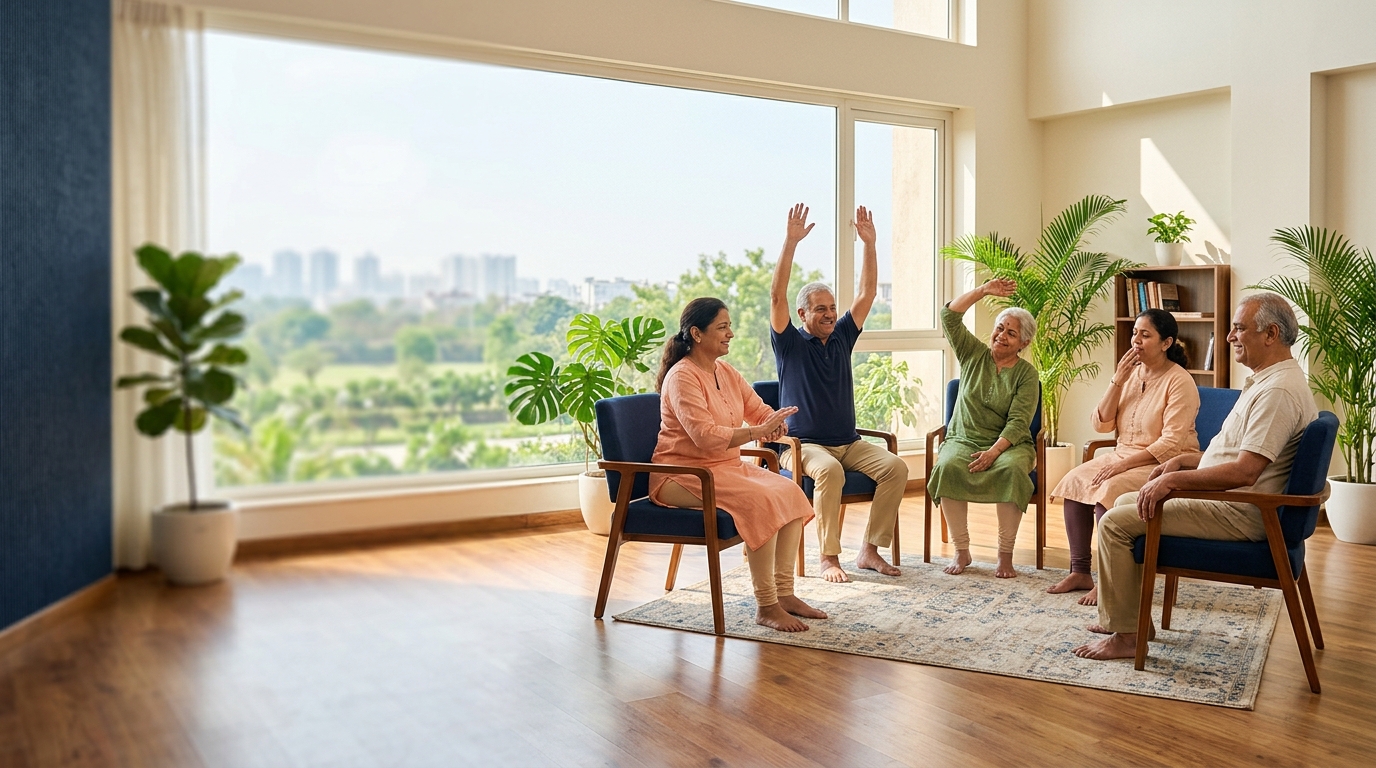 Indian seniors in gentle wellness and movement session — bright activity room, left text-safe space