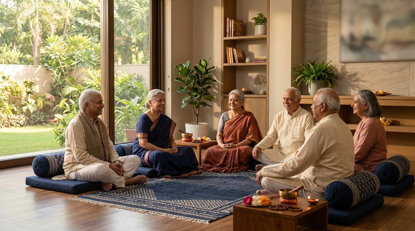 Quiet reflection corner with soft daylight and senior in meditation pause
