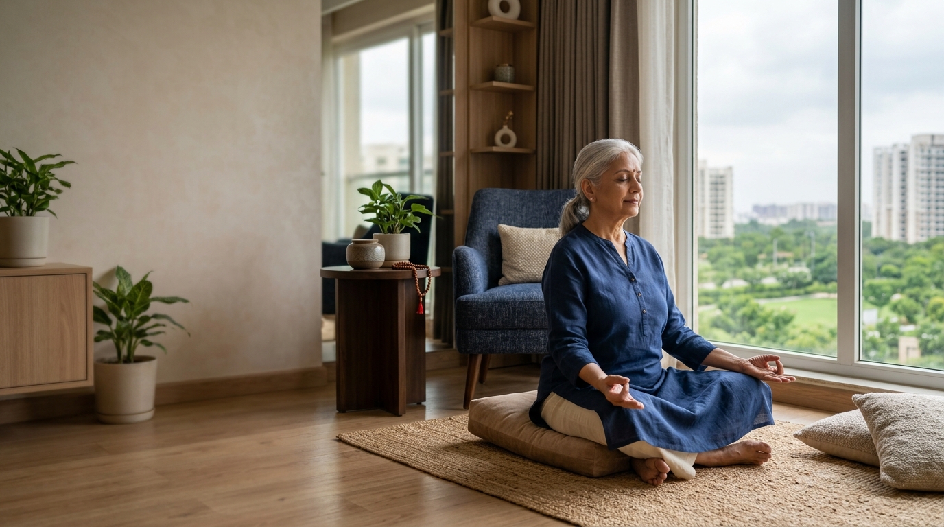Calm meditation and reflection space with Indian senior in quiet light — left overlay for heading