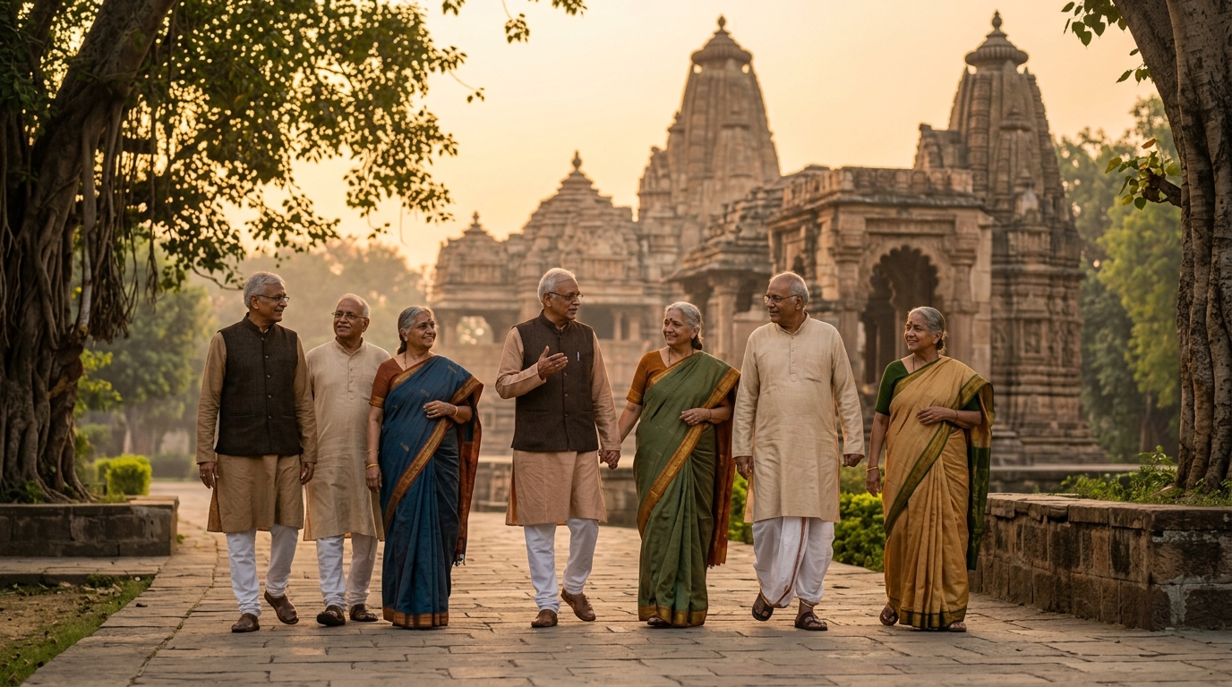 Seniors travelling together at a spiritual landmark